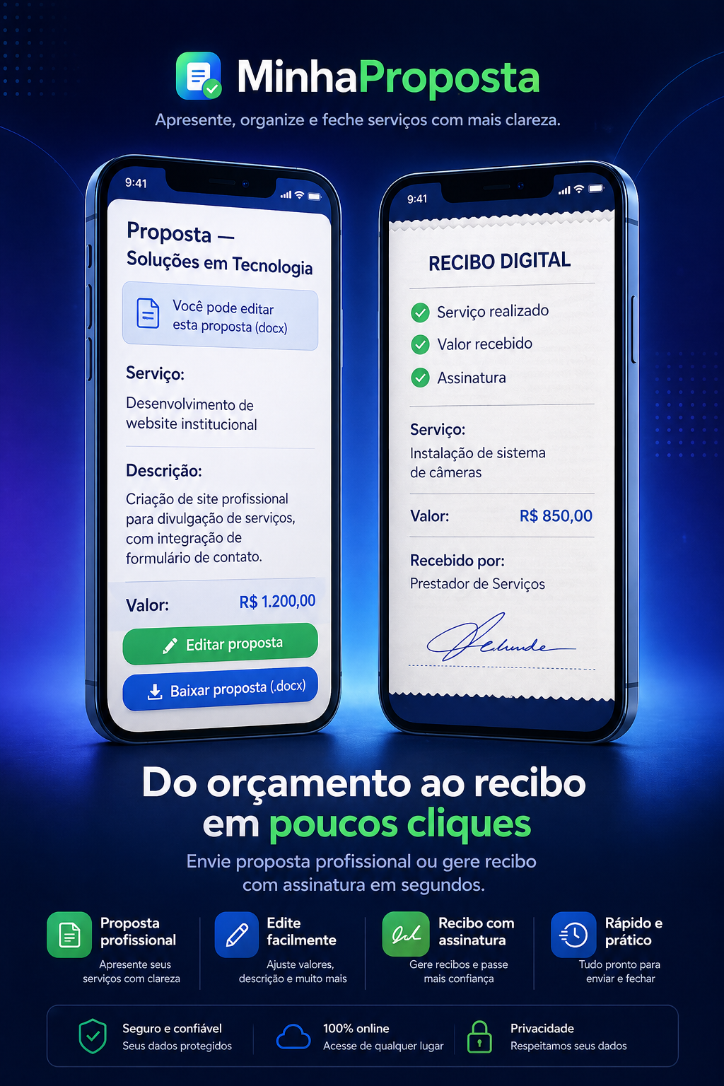 Exemplo de divulgação profissional e recibo digital no MinhaProposta